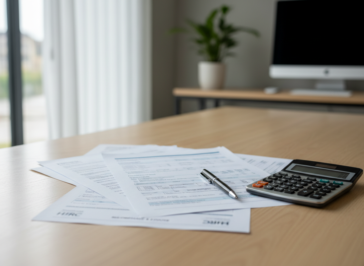 Close-up of UK tax documents and financial statements on a clean desk with calculator and pen, soft natural light, modern accountancy firm feel