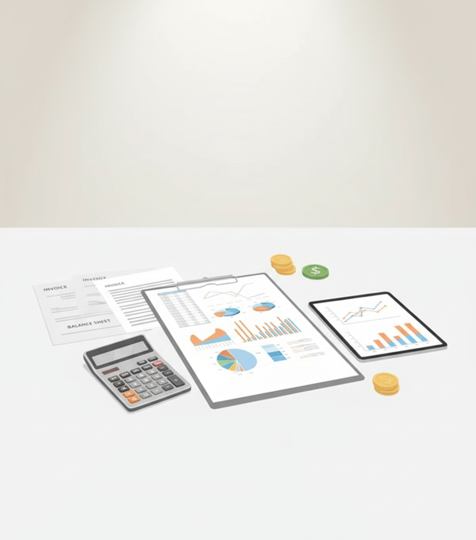 an introductory accounting concept illustration showing financial documents, calculator, and charts on a clean desk, minimal modern style